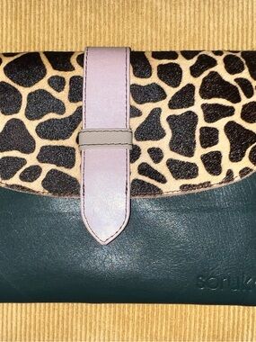 Soruka Green Leather Clutch with Giraffe-Print Flap and Pink Strap